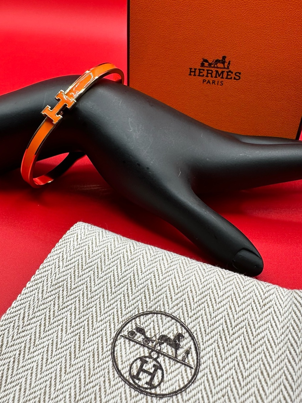 Hermes Orange Enamel H Bracelet with Gold Tone Hardware